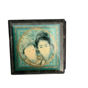 Edna Hibel Black Marble Box With Painted Mother‎ & Child Artwork Lid 4" Wide